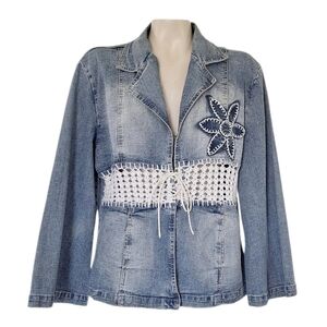 Crest Jeans Boho Denim Jacket Crochet Waist Lace-Up Flower Detail 1XL